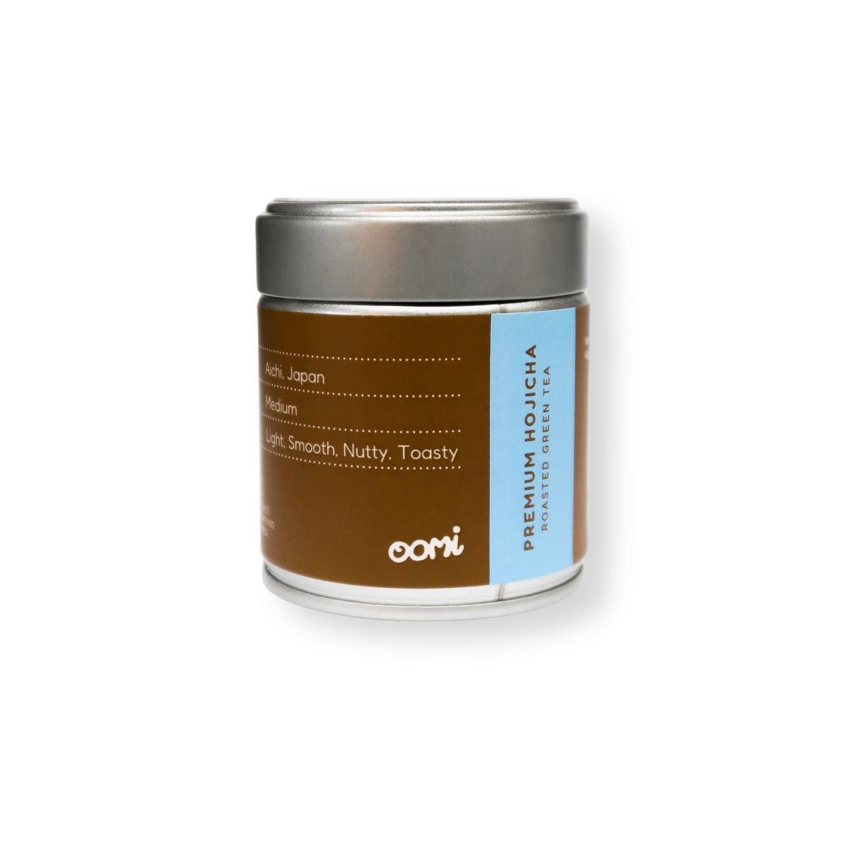 A cylindrical tin of Oori Premium Hojicha Coffee Beans on a clean white background. The tin has a brown label with a light blue vertical accent strip on the right side, and a metallic silver lid.