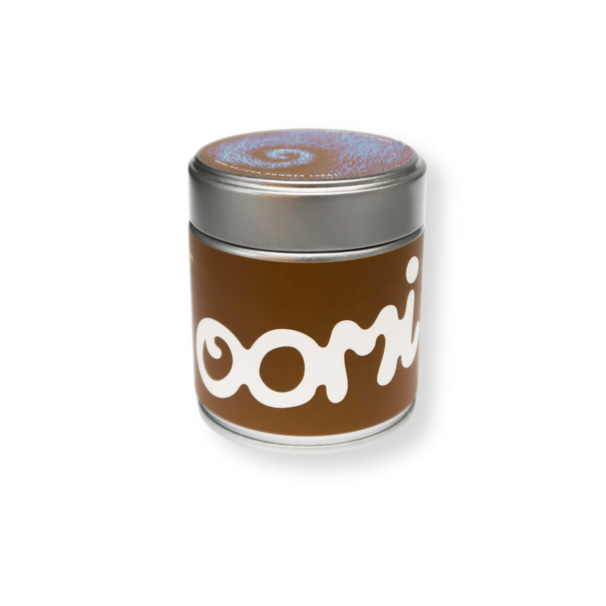 A cylindrical metal tin candle with a brown paper label featuring the white stylized text 'oomi' and a silver lid, shown on a plain white background. This metal tin contains 40 grams of Hojicha Powder.